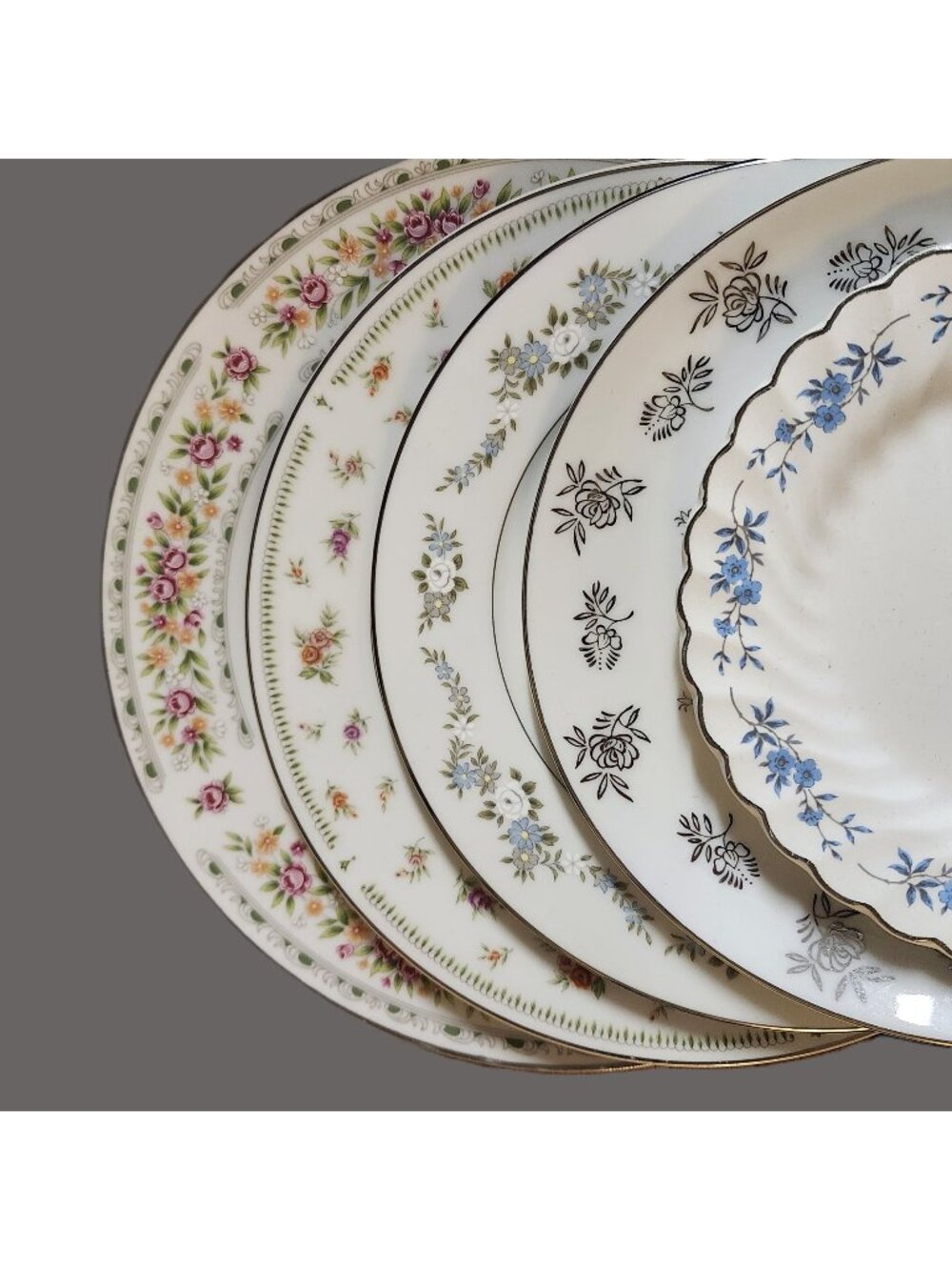 Mismatched China Table Setting Set of 5 Silver Platinum Edges Porcelain Floral P